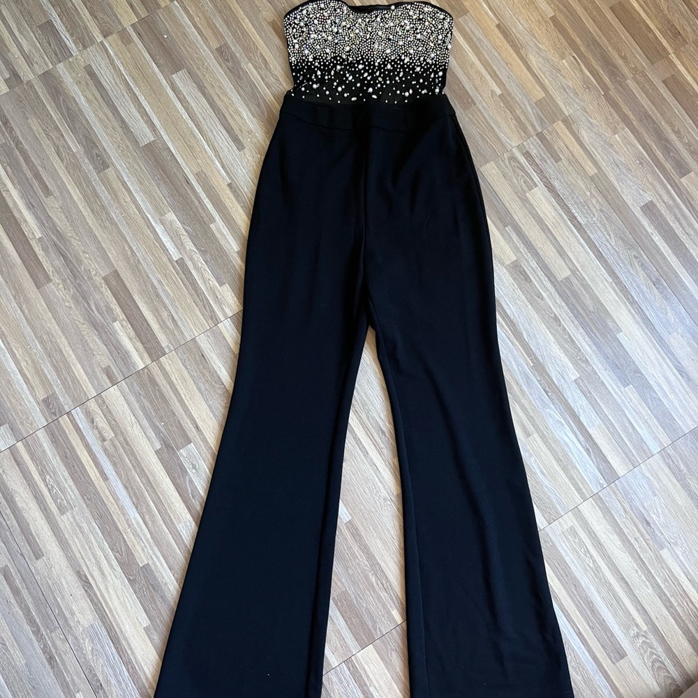 Fashion Nova Black Strapless Jumpsuit with Rhinestone Bodice